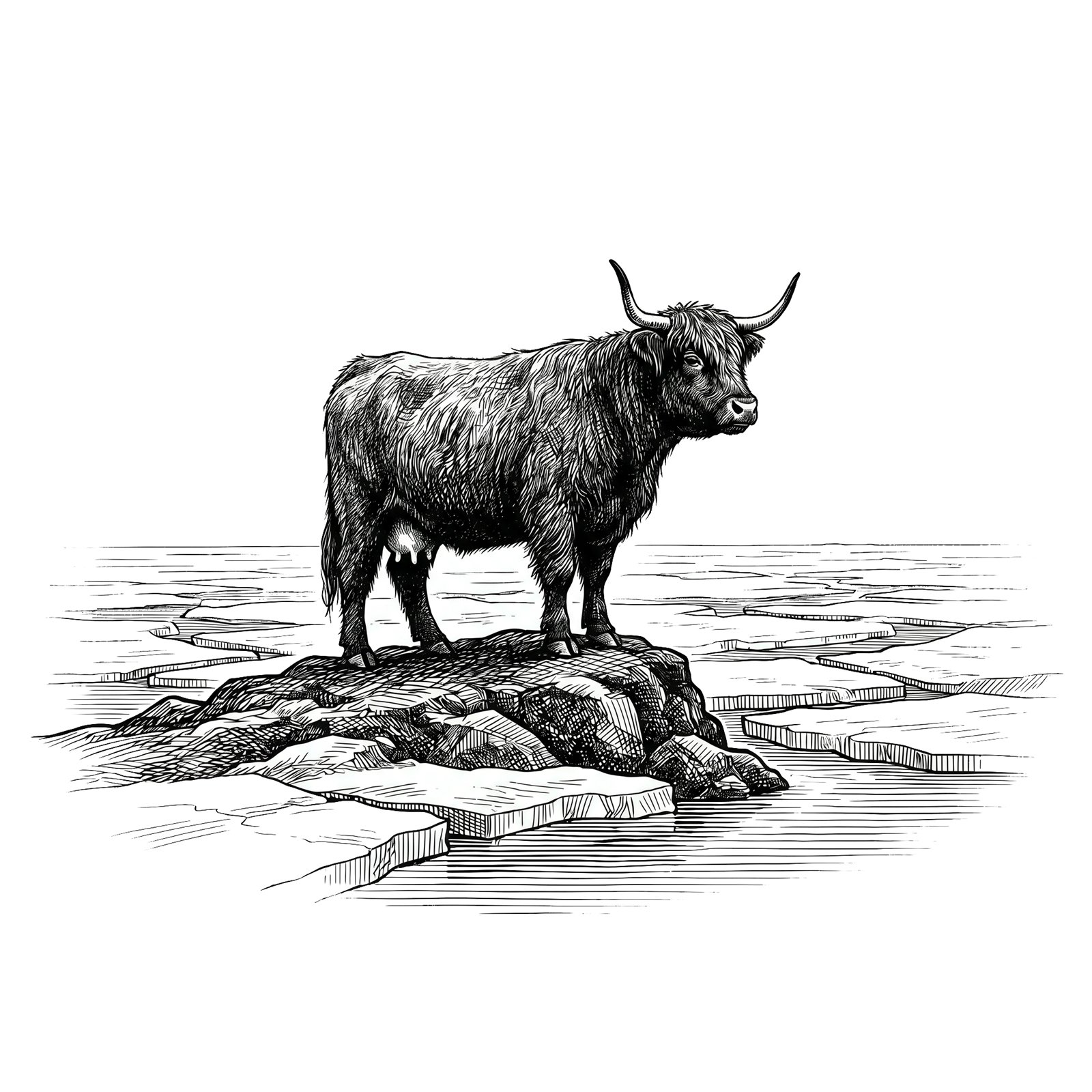 Black ink illustration of a cow standing on ice