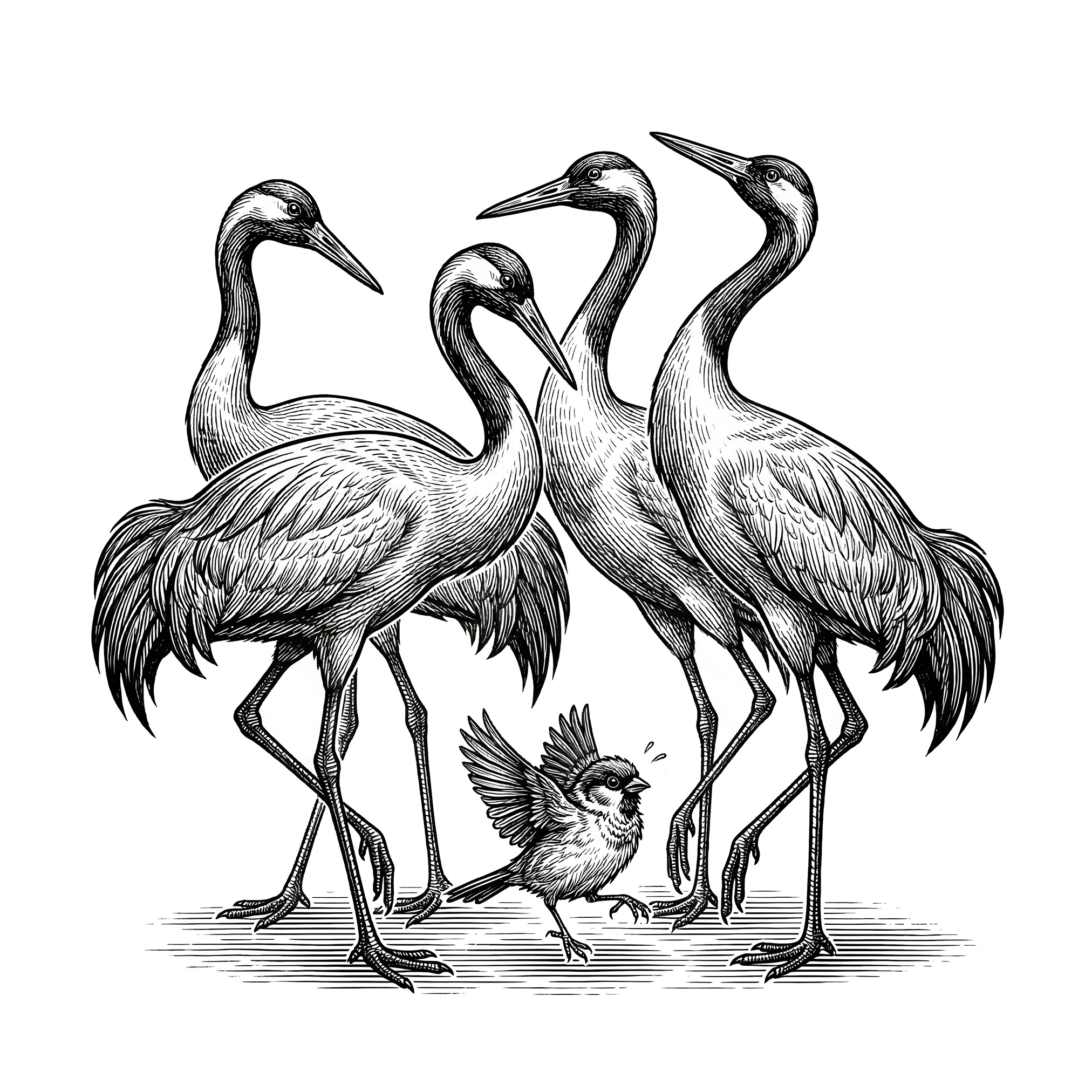 Black ink illustration of a small sparrow among tall cranes